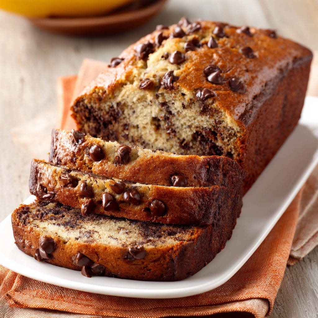 Ultimate Chocolate Chip Banana Bread loaf shown with three thick slices stacked on a white plate.