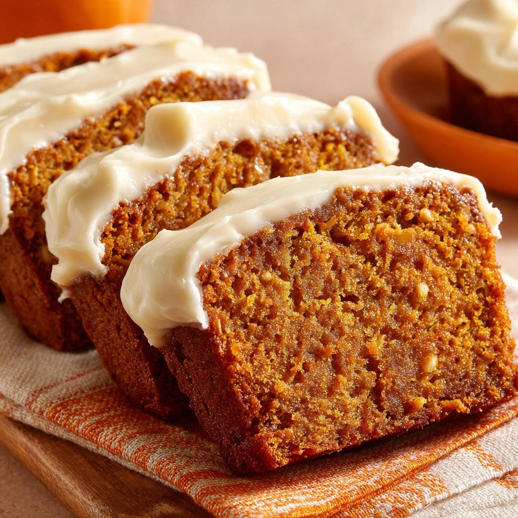 Ultimate Pumpkin Spice Loaf sliced and topped with creamy frosting, showcasing its moist texture.