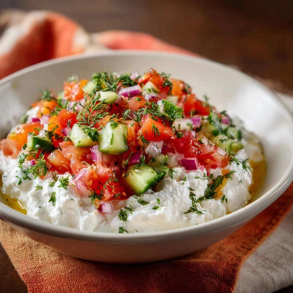 Vibrant summer dip featuring a creamy white base topped with diced tomatoes, cucumbers, red onion, and fresh dill.