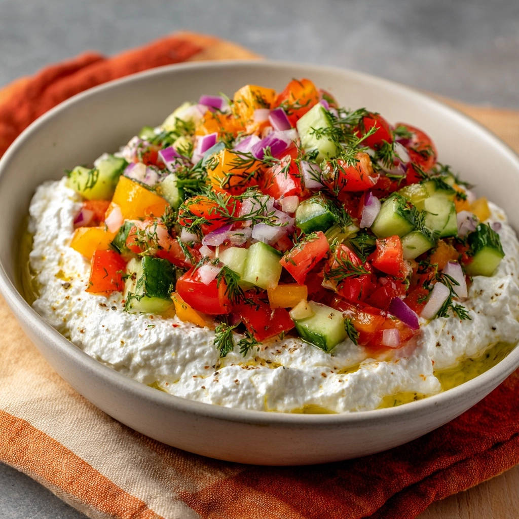 Vibrant summer dip with a creamy white base generously topped with a colorful mix of diced tomatoes, cucumbers, and red onions.