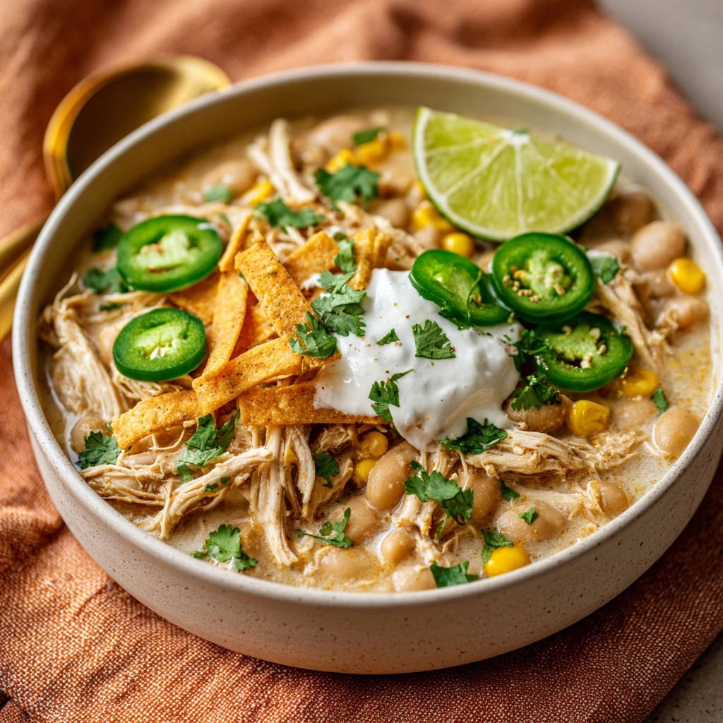 White chicken chili in a bowl, garnished with sour cream, jalapeños, tortilla strips, cilantro, and a lime wedge.