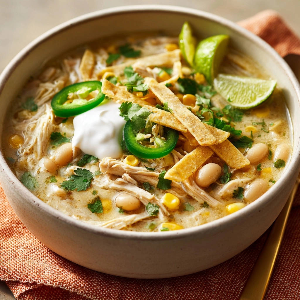 White chicken chili in a bowl, garnished with sour cream, jalapeños, cilantro, tortilla strips, and lime wedges.