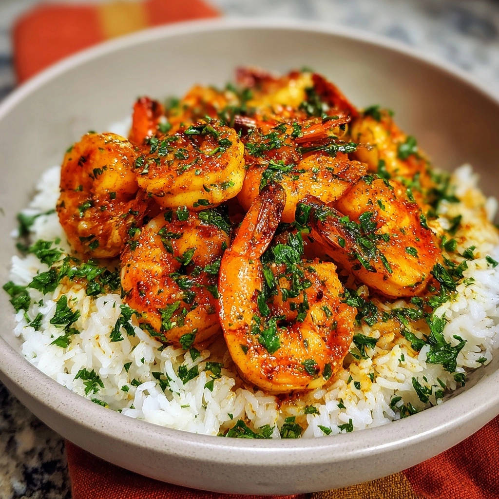 Zesty garlic herb shrimp over fluffy rice presented in a close-up view of a serving bowl, generously garnished with fresh parsley.