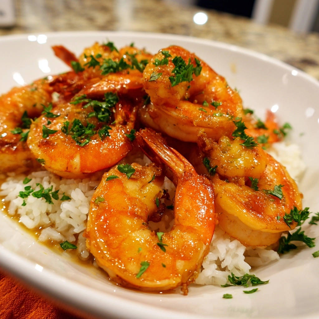 Zesty garlic herb shrimp over fluffy rice, presented in a close-up view with fresh parsley garnish.