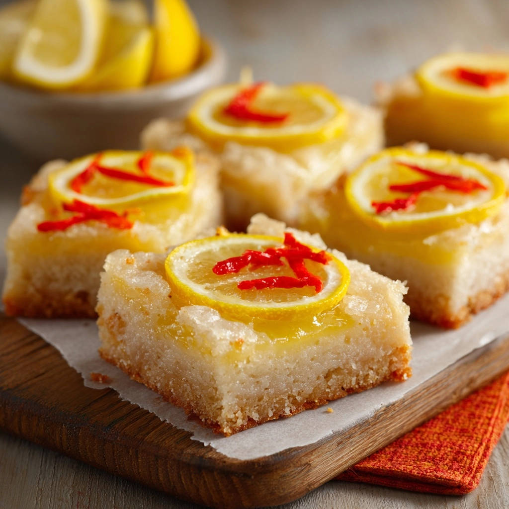 Zesty lemon chili bars with a close-up view of the lemon slice and red chili garnish detail.