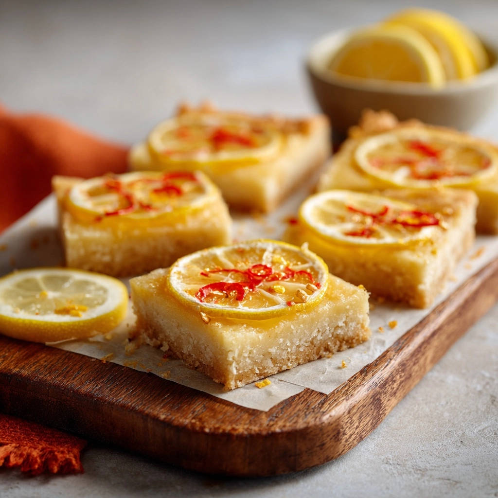 Zesty lemon chili bars, sliced and beautifully garnished with lemon slices and red chili flakes on a wooden board.