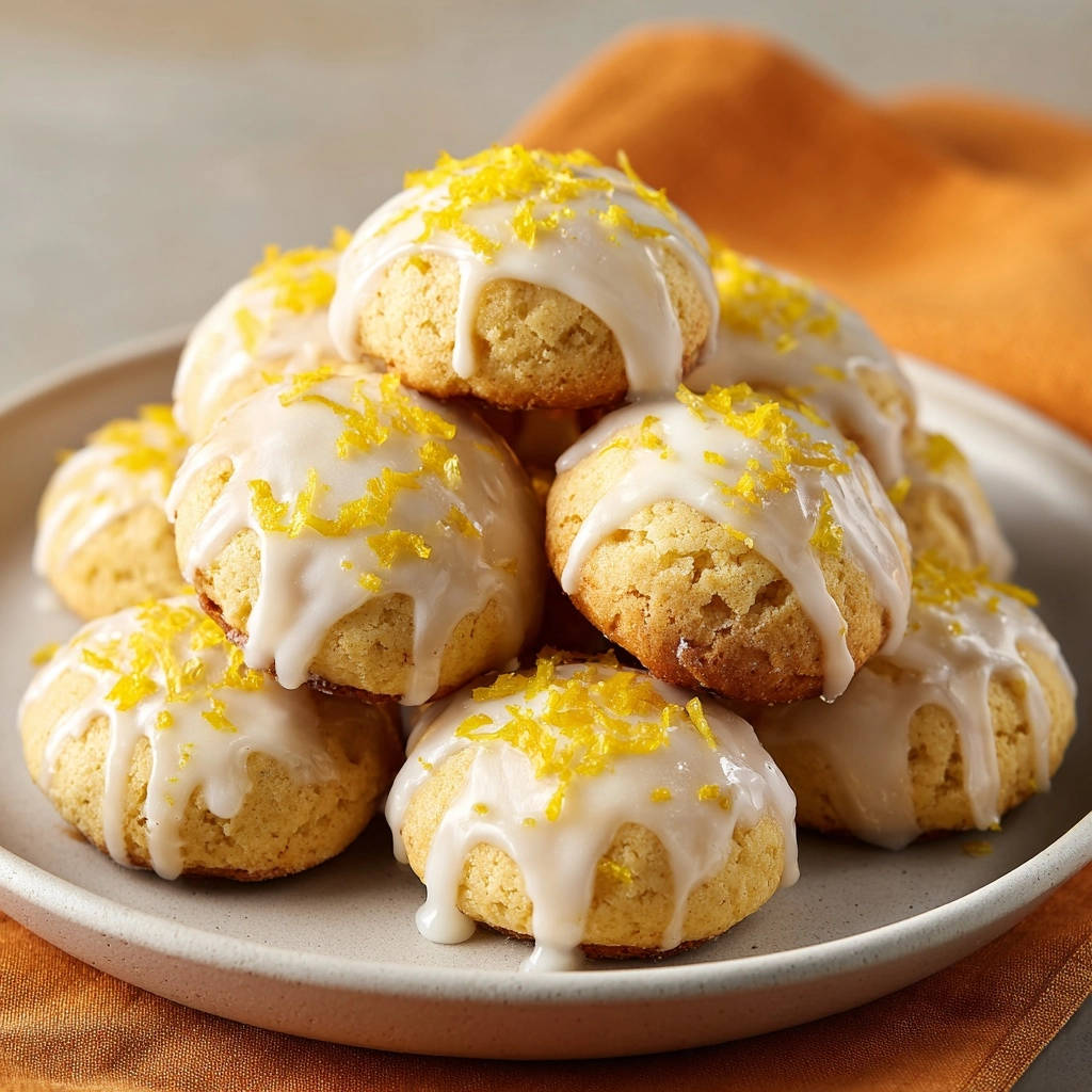 Zesty lemon drop cookies drizzled with icing and topped with bright lemon zest, piled on a plate.