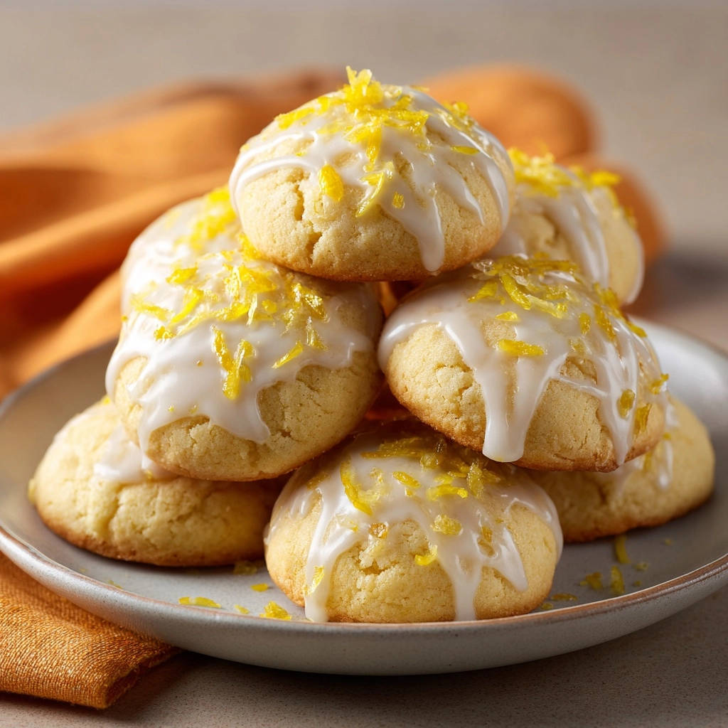 Zesty lemon drop cookies stacked high on a plate, drizzled with white glaze and topped with lemon zest.