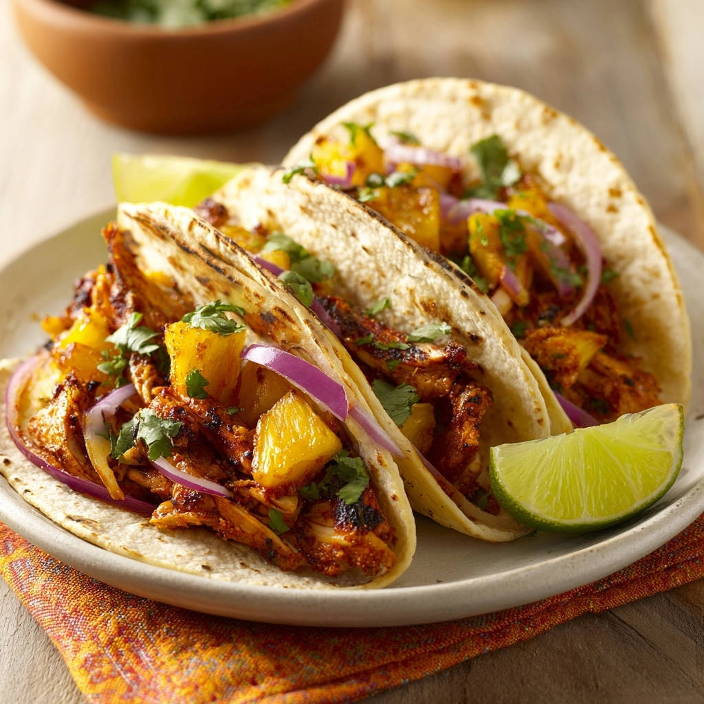 Zesty pineapple chicken tacos plated with lime wedges and cilantro, showcasing three tacos filled with juicy chicken and pineapple.