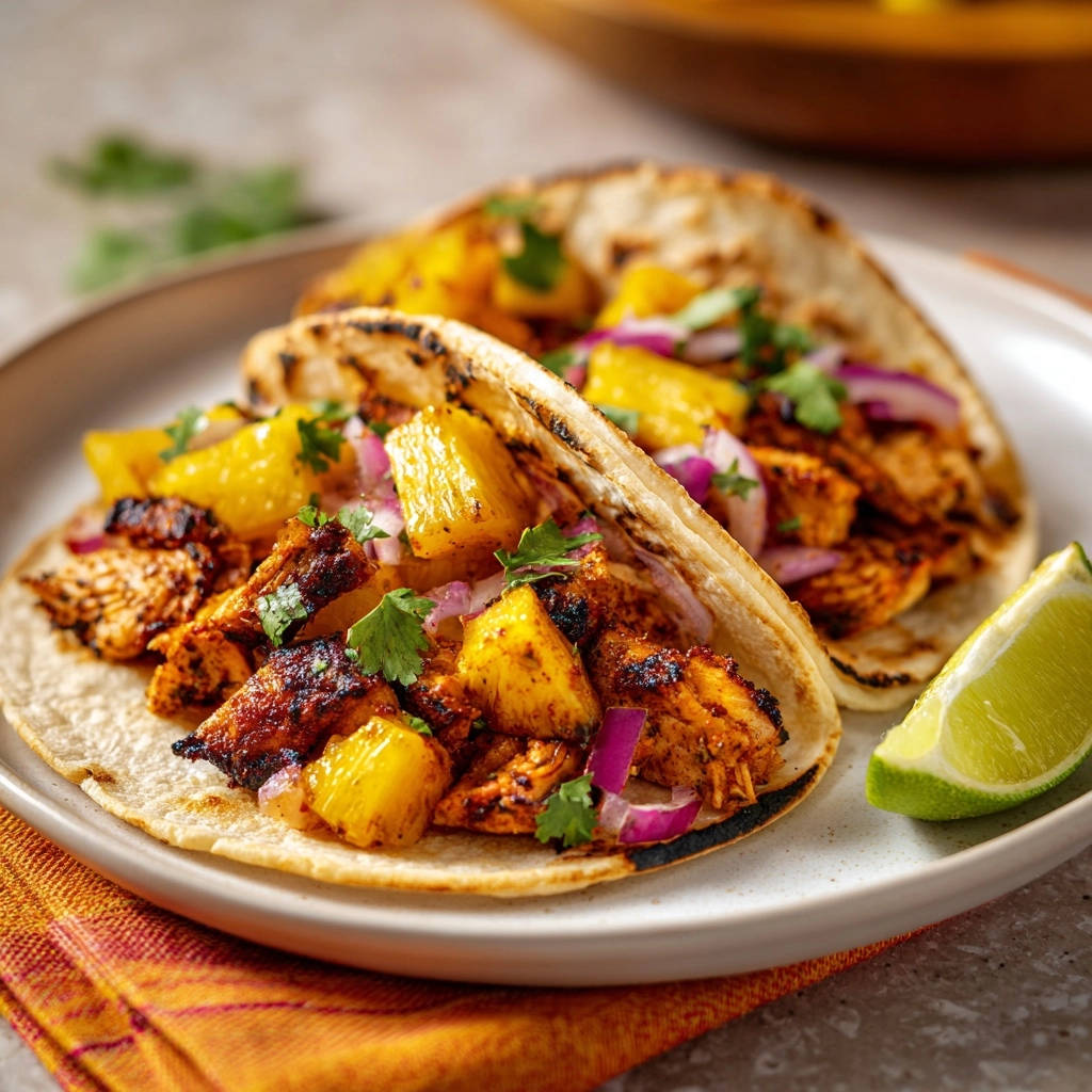 Zesty pineapple chicken tacos, two grilled tacos with pineapple chunks and red onion, served on a plate with a lime wedge.