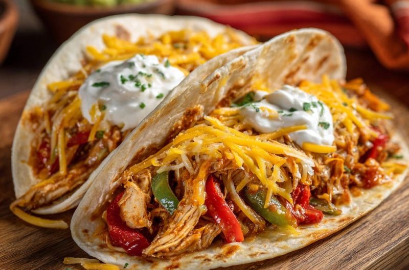 Shredded Chicken Tacos with Peppers and Cheese