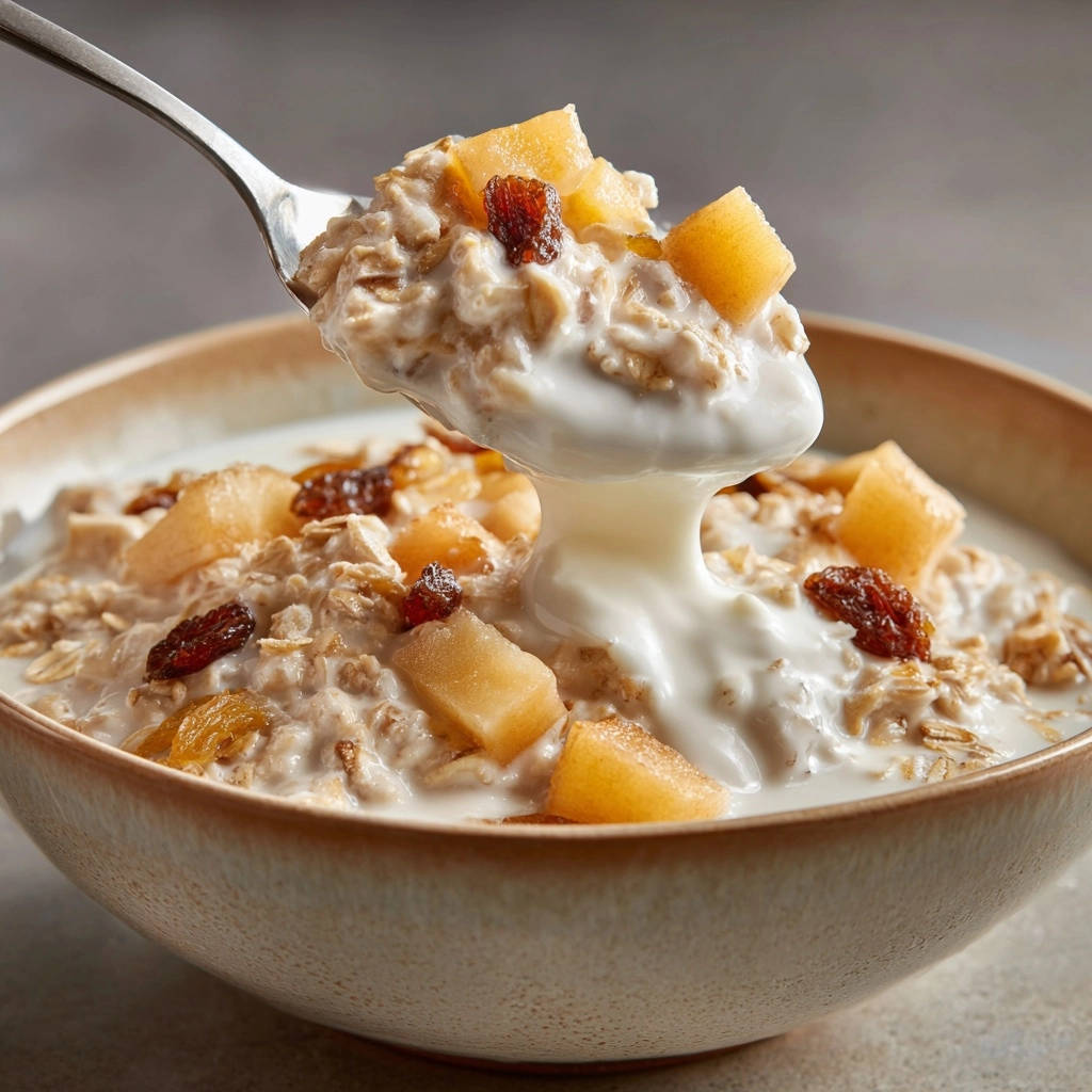 Apple raisin comfort oats with a spoonful being lifted, showing creamy texture and visible fruit pieces.