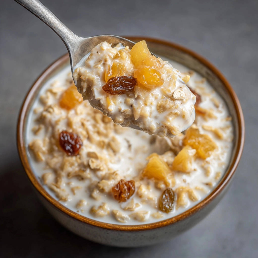 Apple raisin comfort oats scooped onto a spoon, showcasing the texture and fruit inclusions.