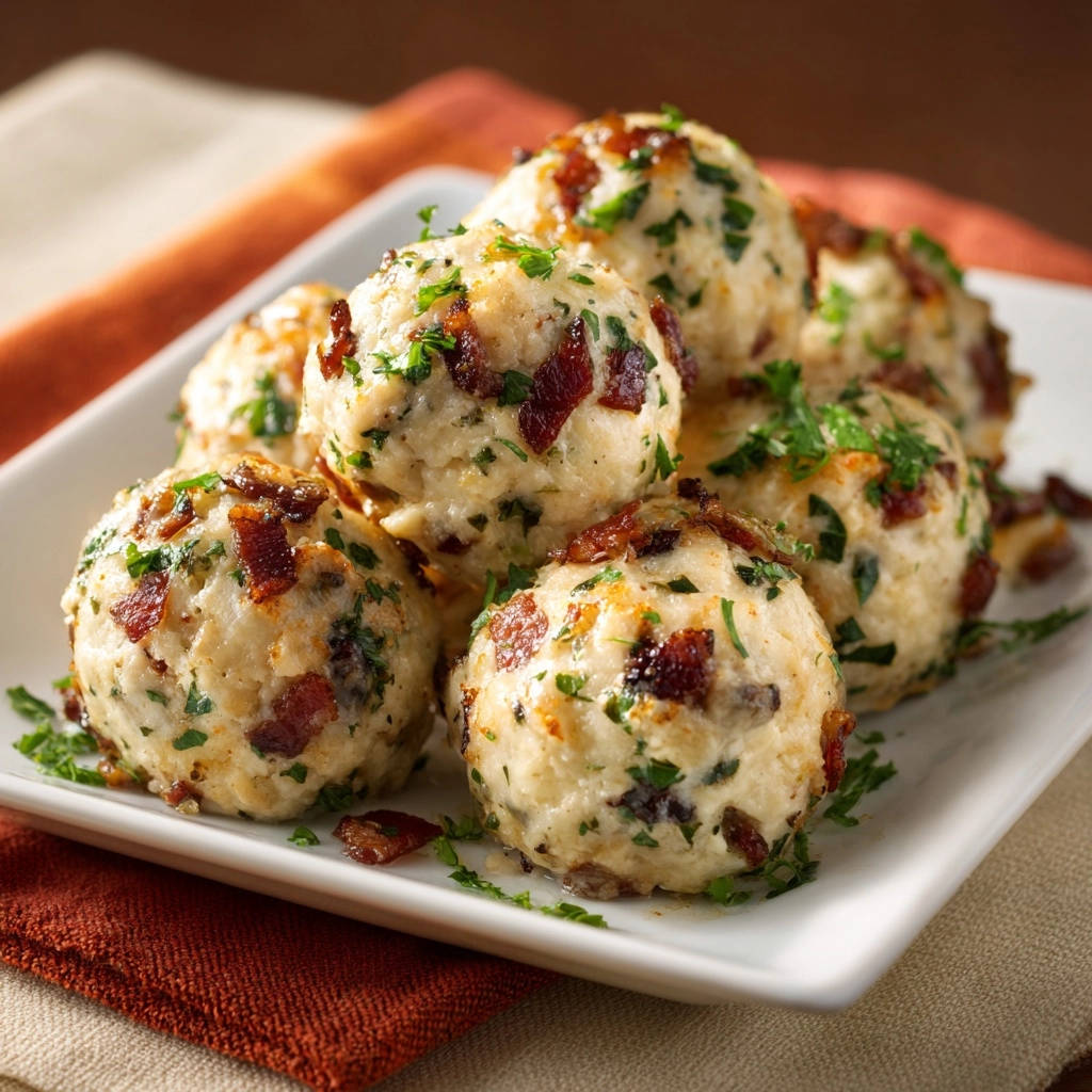 Savory Bacon and Herb Dumplings presented as a close-up pile on a white plate, garnished with fresh parsley.