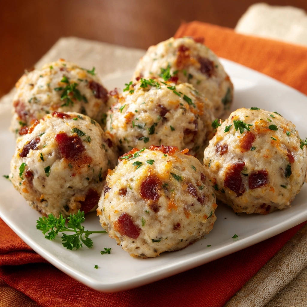 Savory bacon and herb dumplings shown piled on a white plate with fresh parsley garnish.