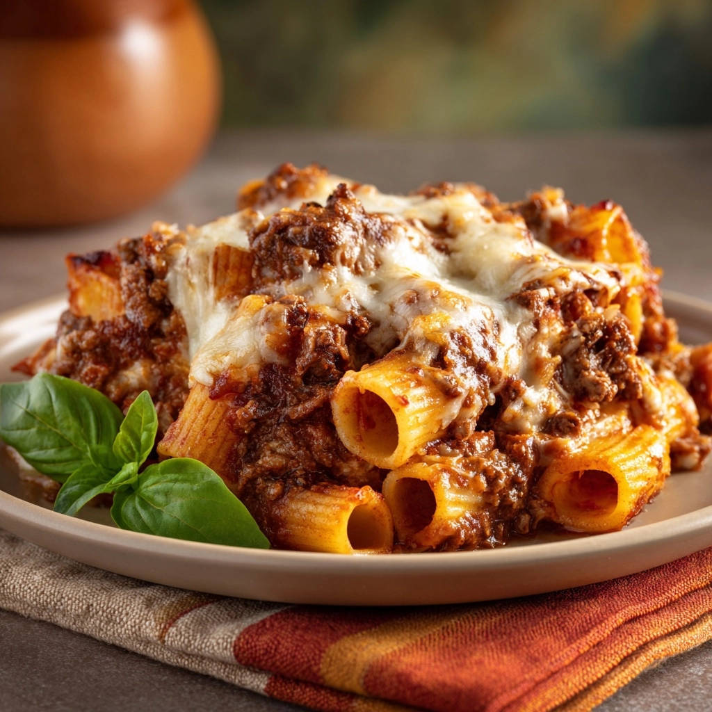 Ultimate Baked Rigatoni covered in cheesy meat sauce and garnished with fresh basil leaves, served on a plate.