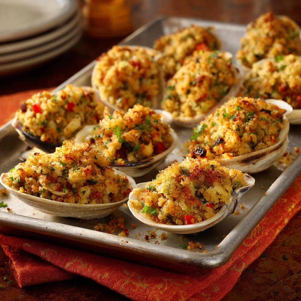 Classic baked stuffed clams with a golden-brown breadcrumb topping served on a baking sheet.