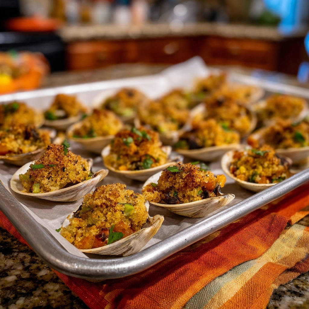 Classic baked stuffed clams with a golden crumb topping arranged on a baking tray, ready to serve.