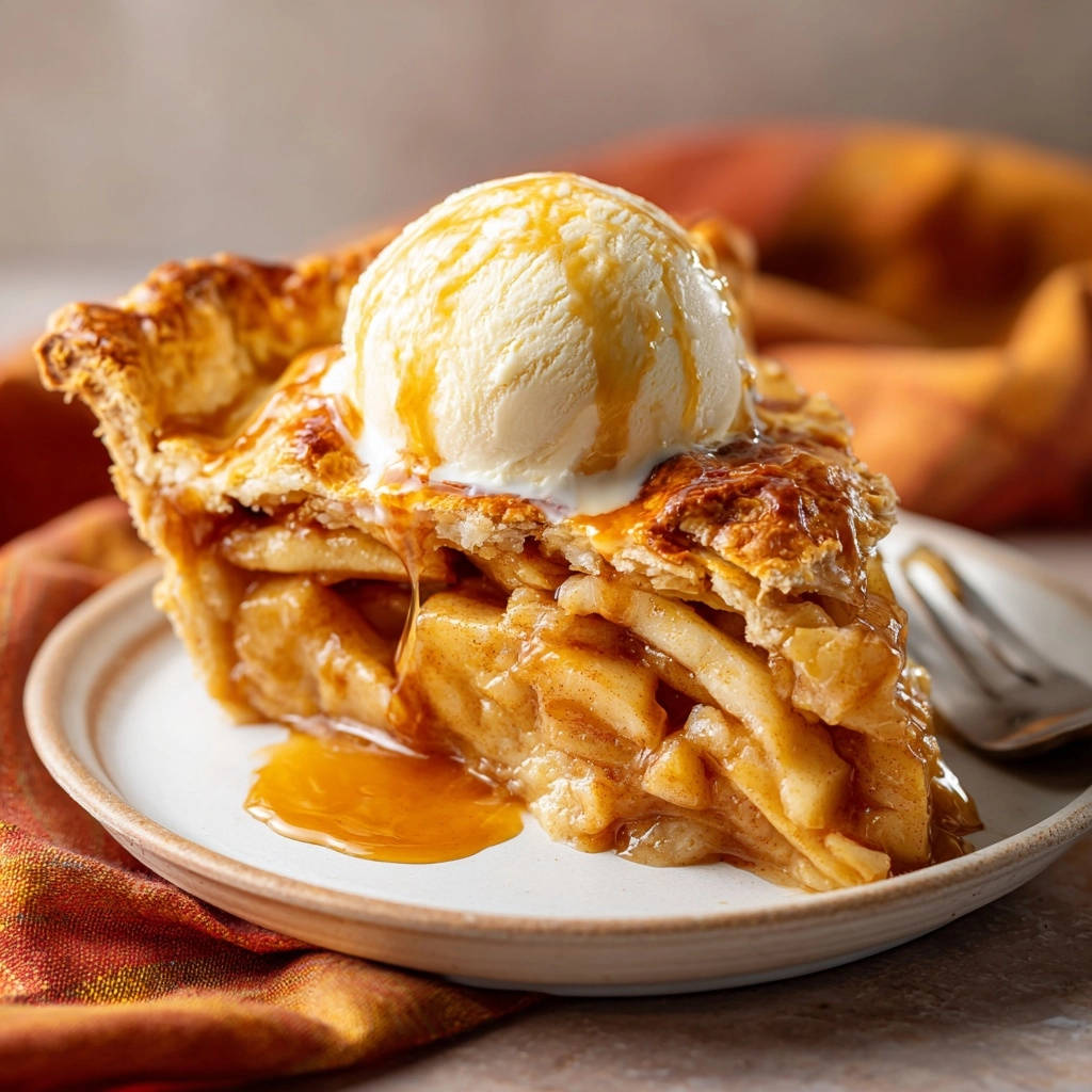 Bakery-style apple pie slice with a scoop of ice cream and caramel drizzle on a plate.