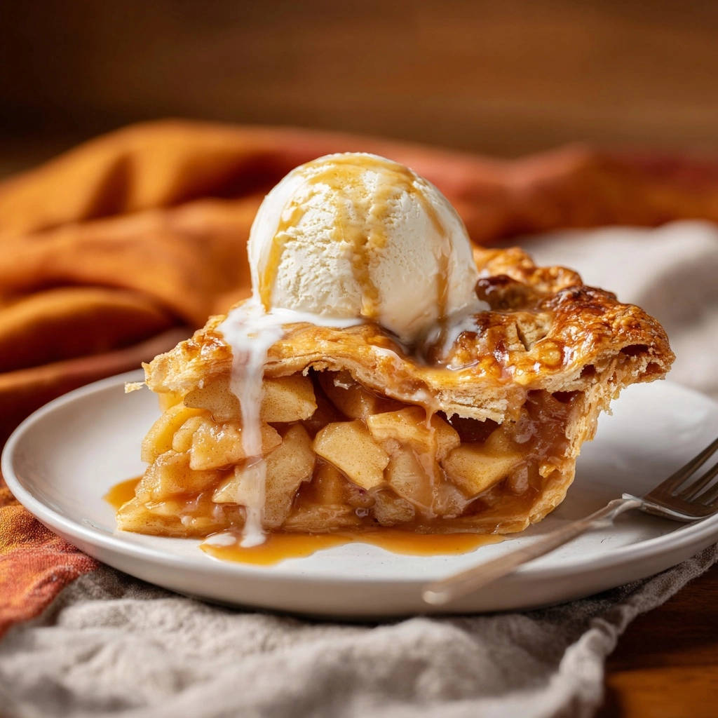 Bakery-style apple pie cross-section with a scoop of melting ice cream and caramel sauce.