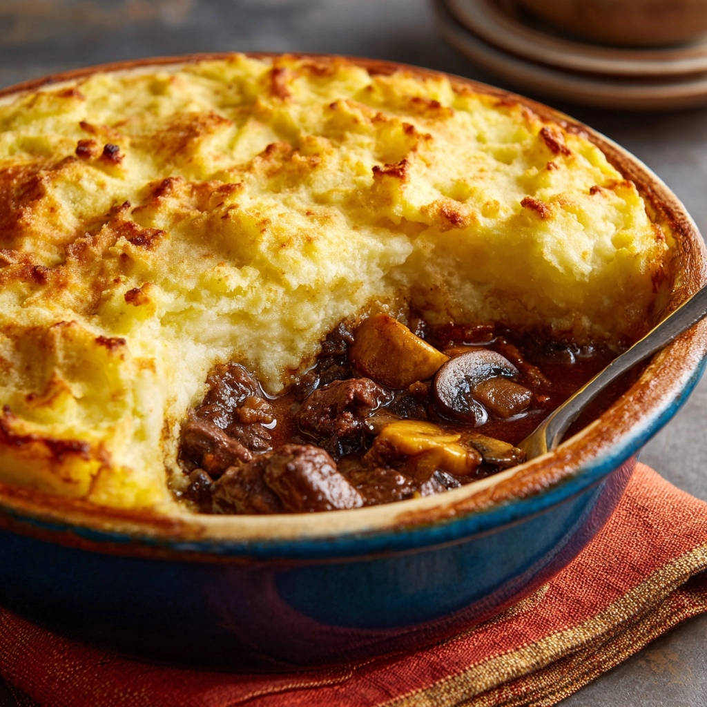 Ultimate Beef Cottage Pie cross-section showing rich gravy and tender beef with a fluffy mashed potato topping.