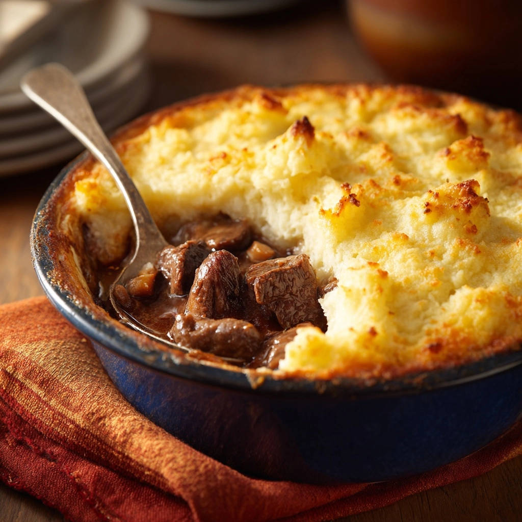 Ultimate Beef Cottage Pie with a spoon digging into the rich gravy and tender beef.