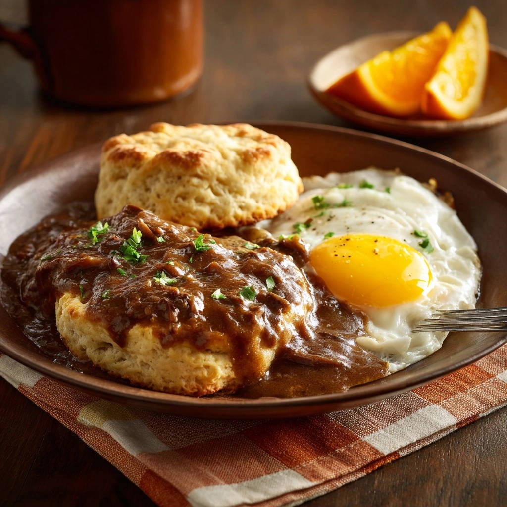Hearty biscuit breakfast with savory gravy, featuring a close-up view of a biscuit topped with gravy and a fried egg.