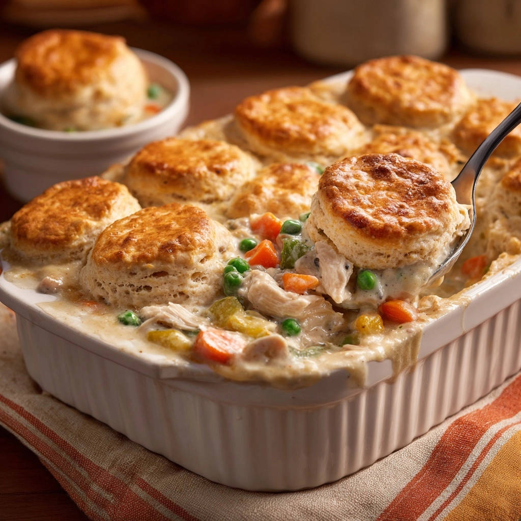 Ultimate Biscuit-Topped Chicken Pot Pie being served with a spoonful showing fluffy biscuits and creamy filling.