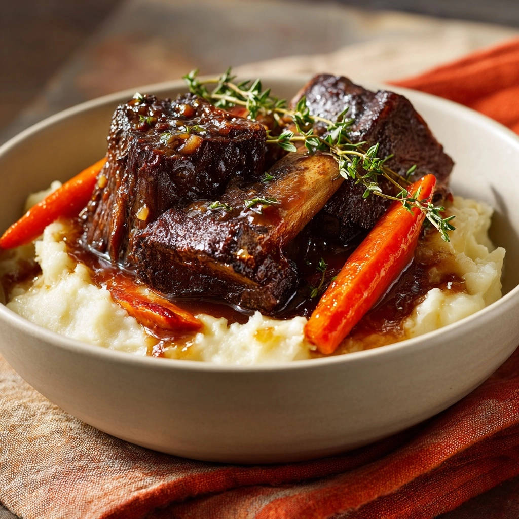 Braised beef short ribs served in a bowl over creamy mashed potatoes with carrots and thyme.