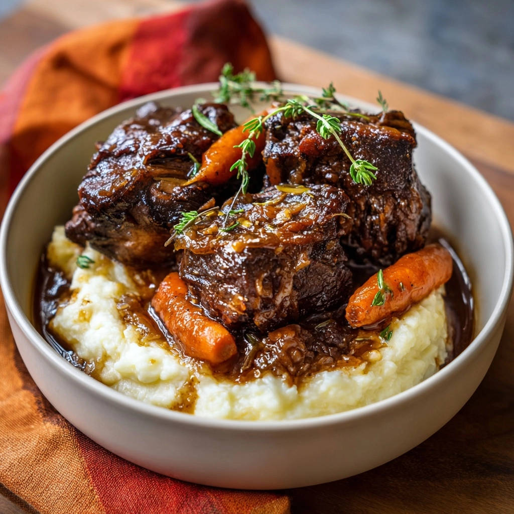 Braised beef short ribs served in a bowl over creamy mashed potatoes with carrots and thyme garnish.