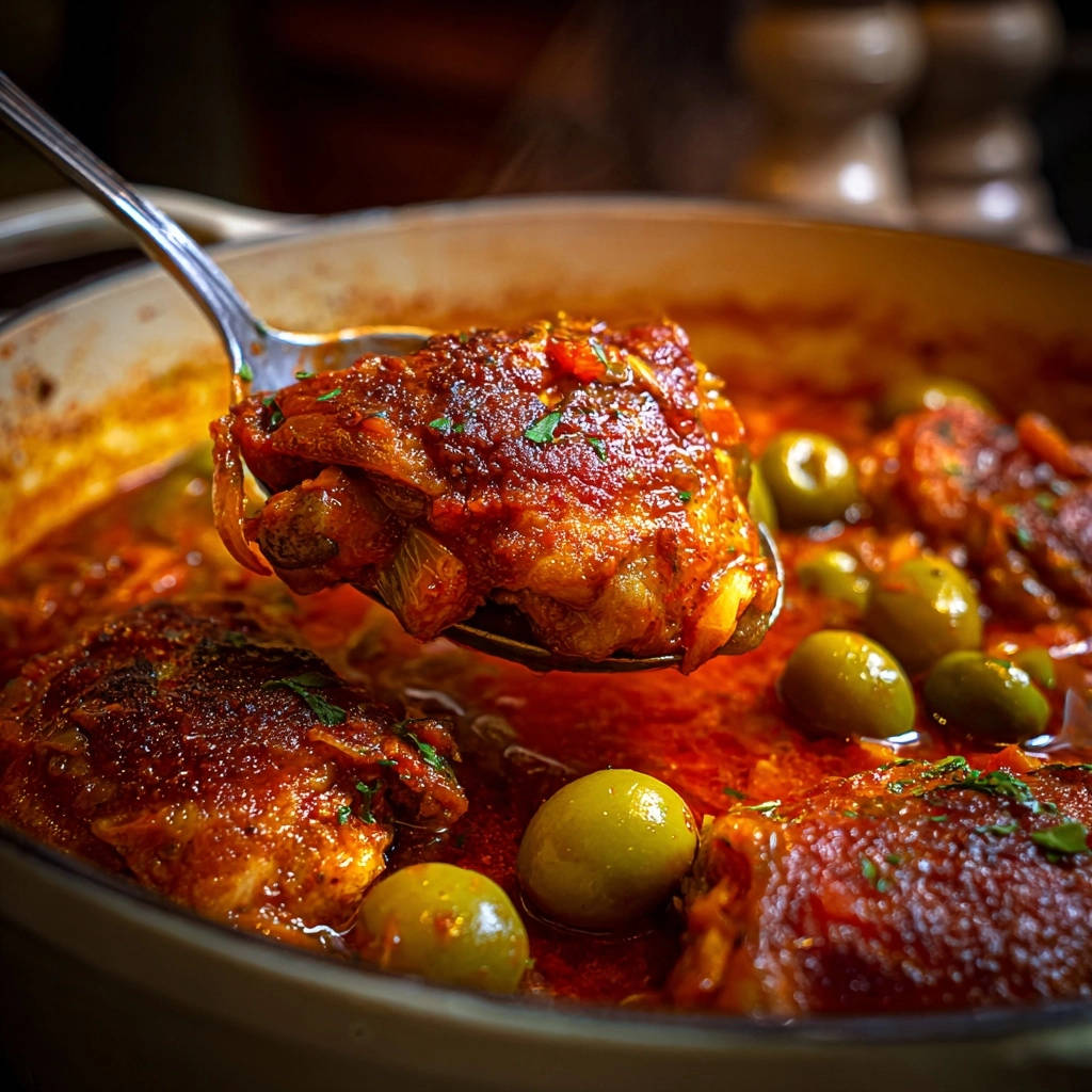 Savory braised chicken thighs and olives being served from a pot with a ladle, showing tender chicken and green olives.