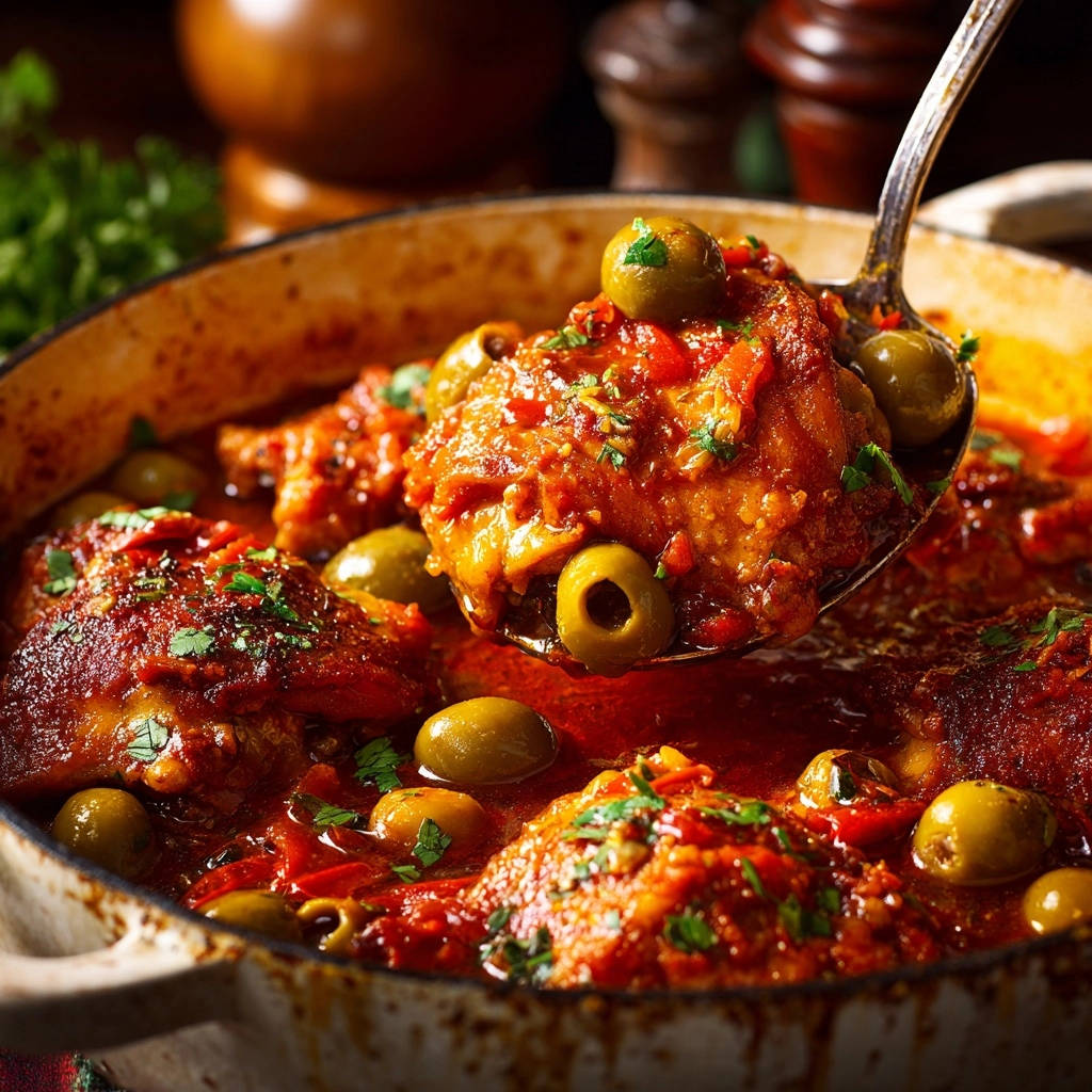 Savory braised chicken thighs and olives being served with a ladle from a rustic pot, showcasing tender pieces and whole olives.