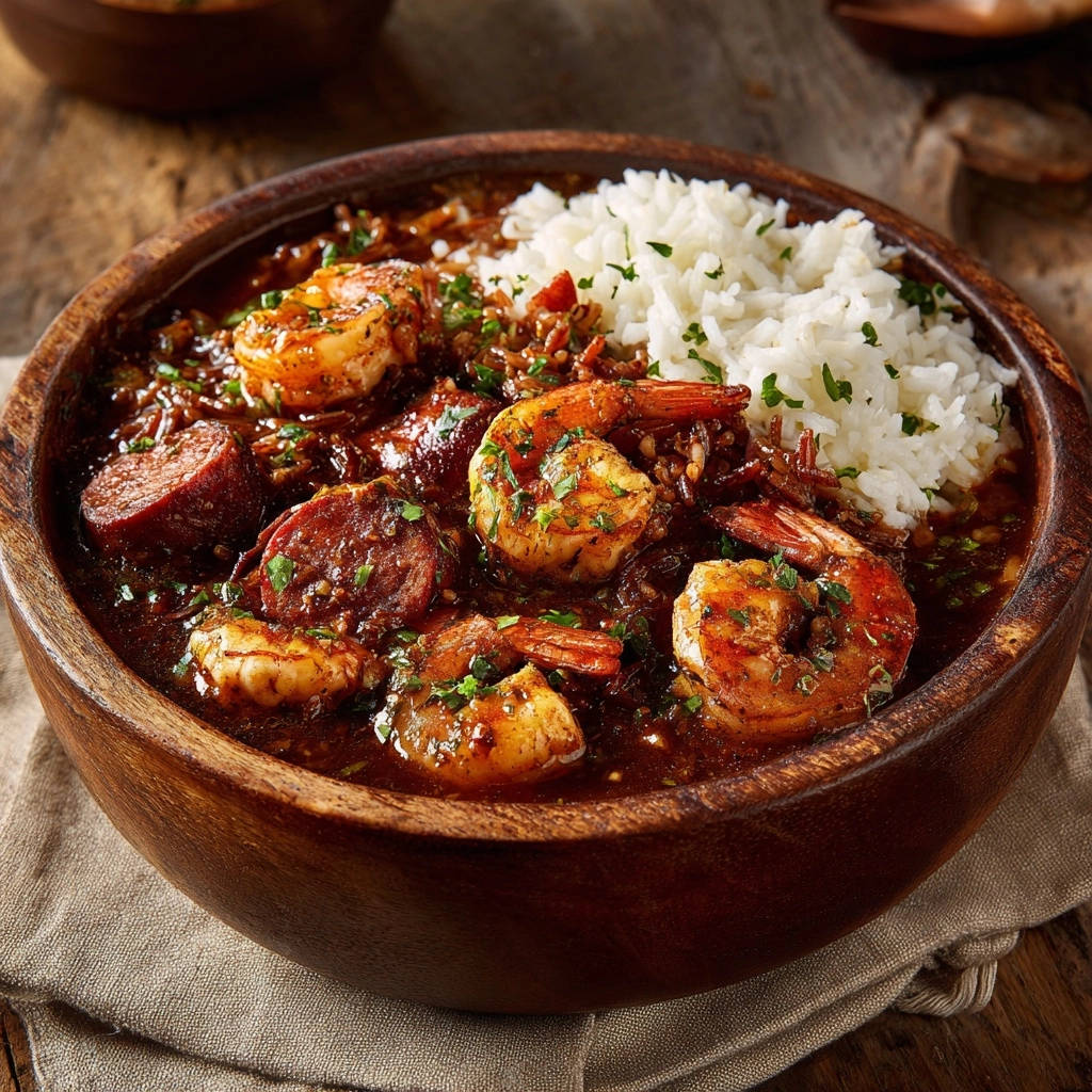 Authentic Cajun Shrimp and Sausage Gumbo served in a rustic wooden bowl with fluffy white rice and a dark roux.