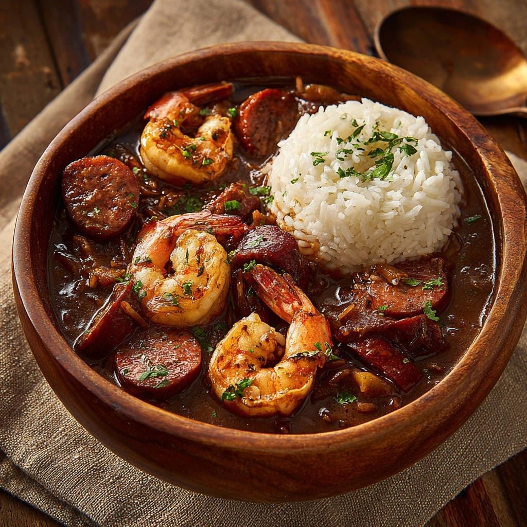 Authentic Cajun shrimp and sausage gumbo served in a wooden bowl with a close-up view of the shrimp and sausage.