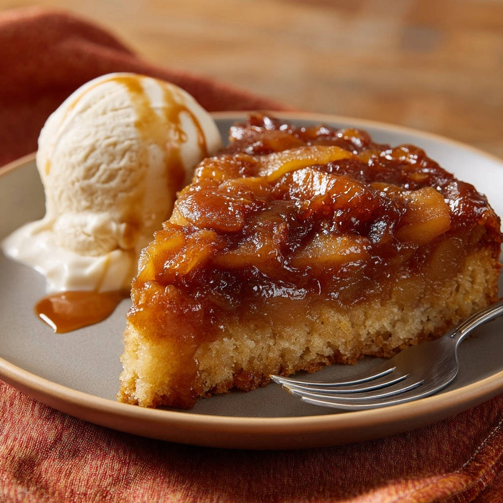 Caramel apple upside-down cake served on a plate with a scoop of vanilla ice cream and a drizzle of caramel sauce.