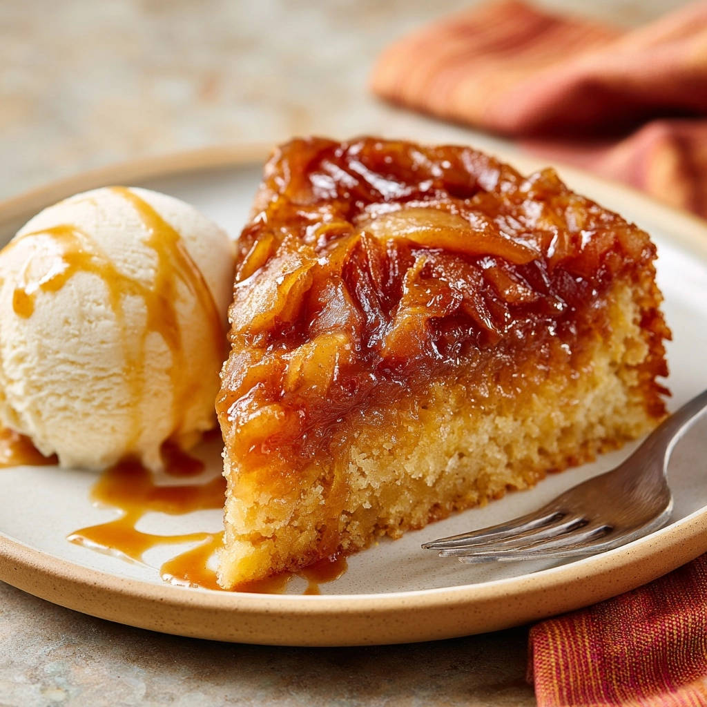 Caramel apple upside-down cake served as a single slice on a plate with vanilla ice cream and caramel drizzle.
