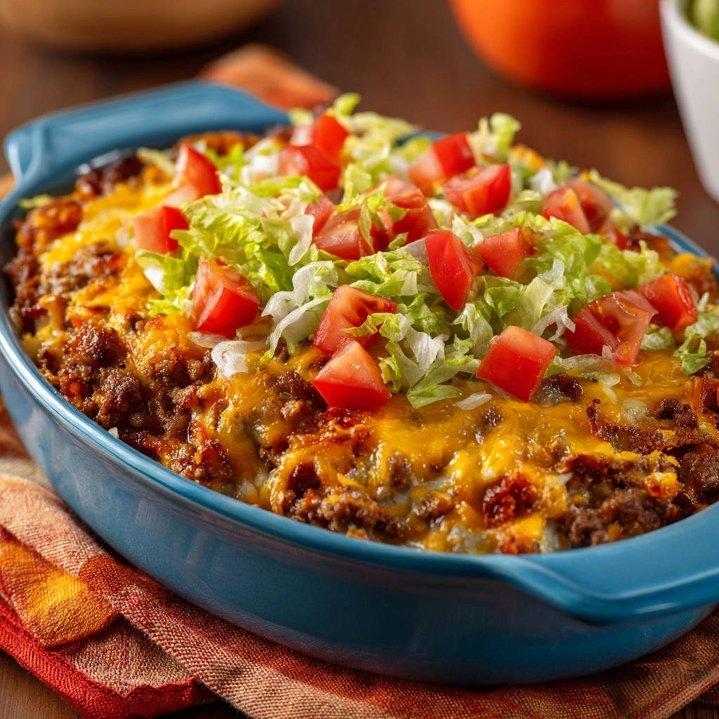 Ultimate Cheeseburger Bake casserole glistening with melted cheese and topped with fresh lettuce and tomatoes.