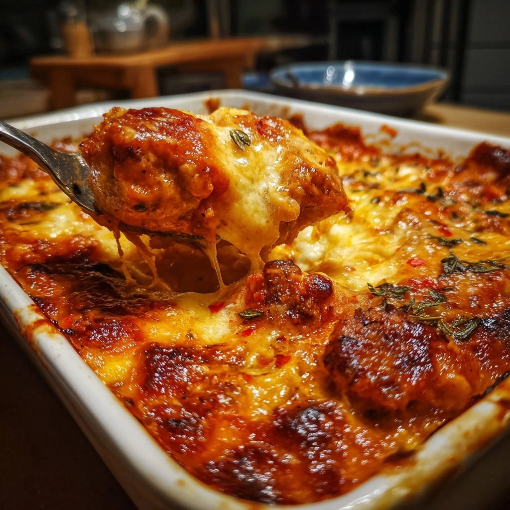 Cheesy baked meatballs with a forkful lifting out gooey, melted cheese from the baking dish.