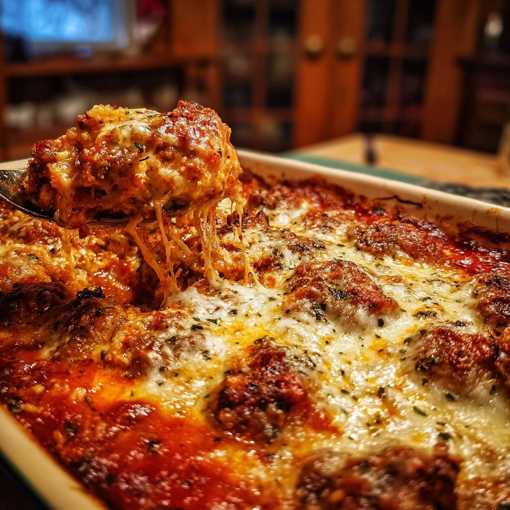 Cheesy baked meatballs being lifted with a spoon, showcasing a gooey cheese pull from the bubbling casserole.