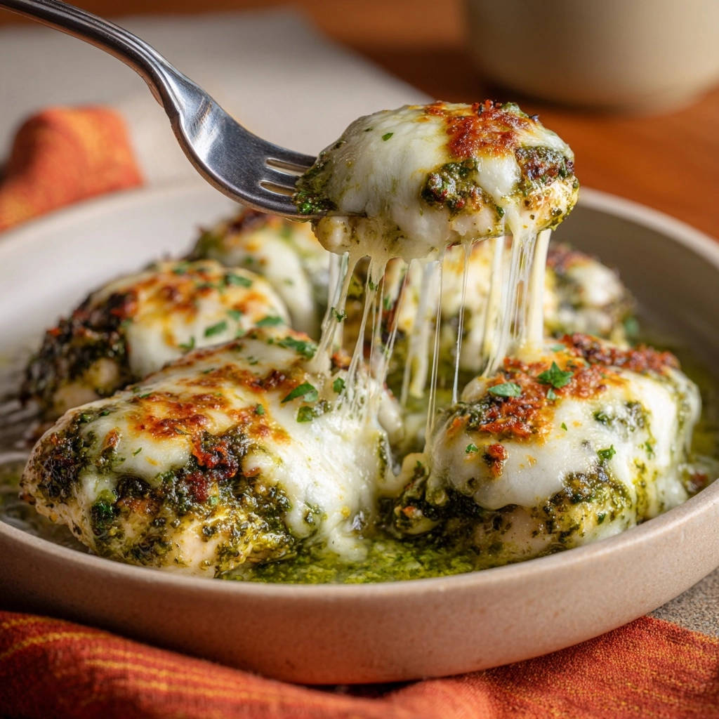 Cheesy pesto chicken bake shown with a fork pulling up a piece, revealing melted cheese strings.