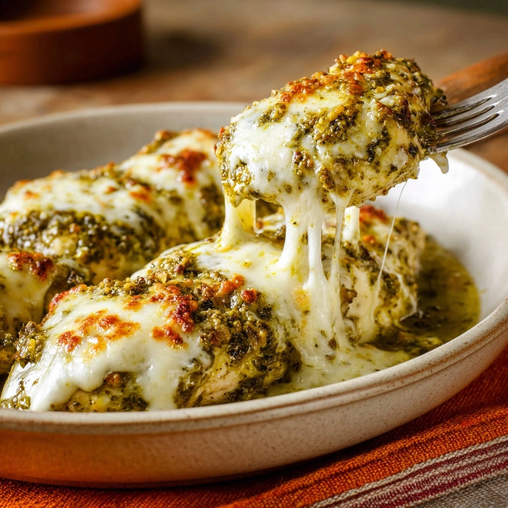 Cheesy pesto chicken bake with a fork lifting a piece, showing gooey melted cheese stretching.