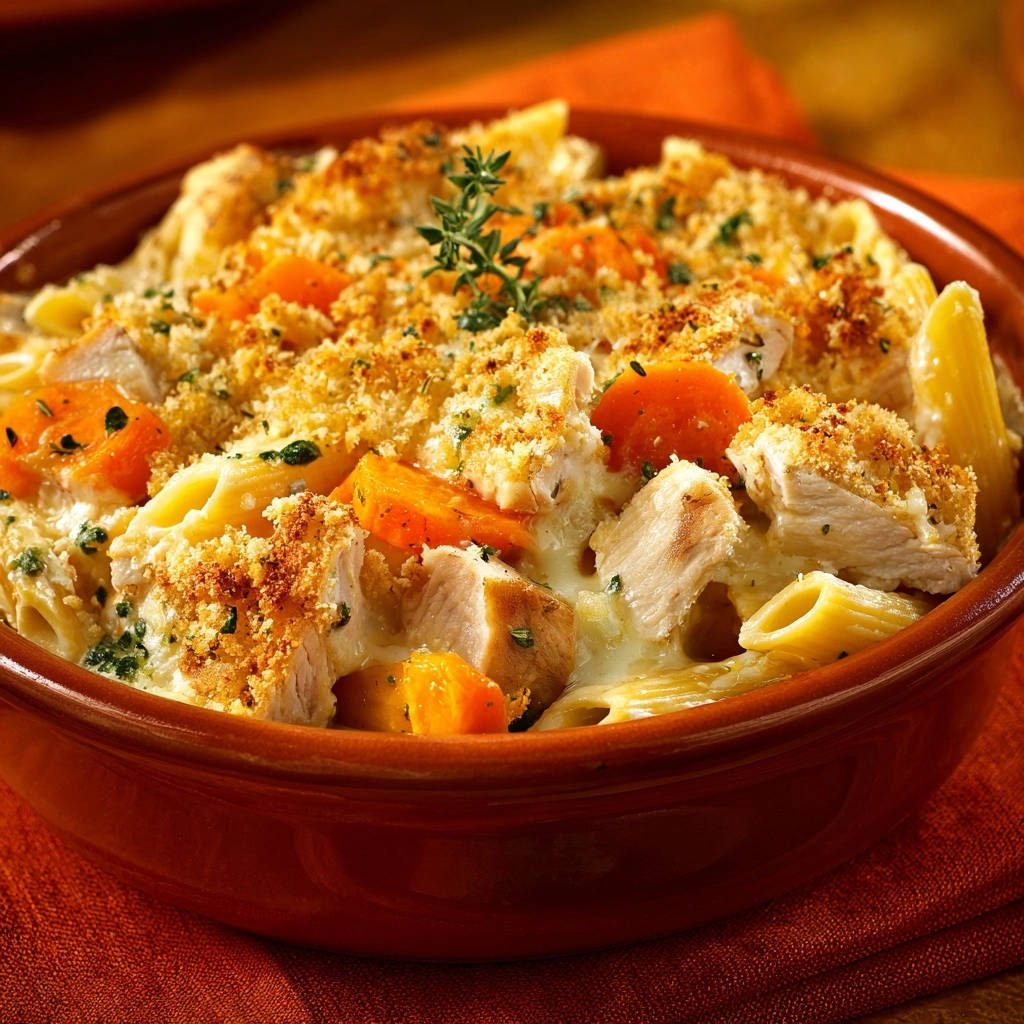 Comforting chicken and carrot penne bake with golden crunch topping and a sprig of thyme garnish.
