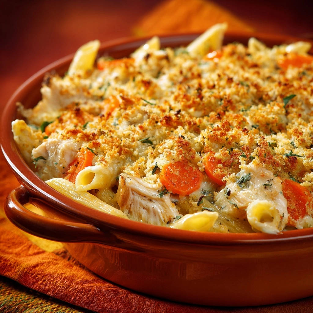 Comforting Chicken and Carrot Penne Bake with Golden Crunch topping, served in a rustic brown dish.