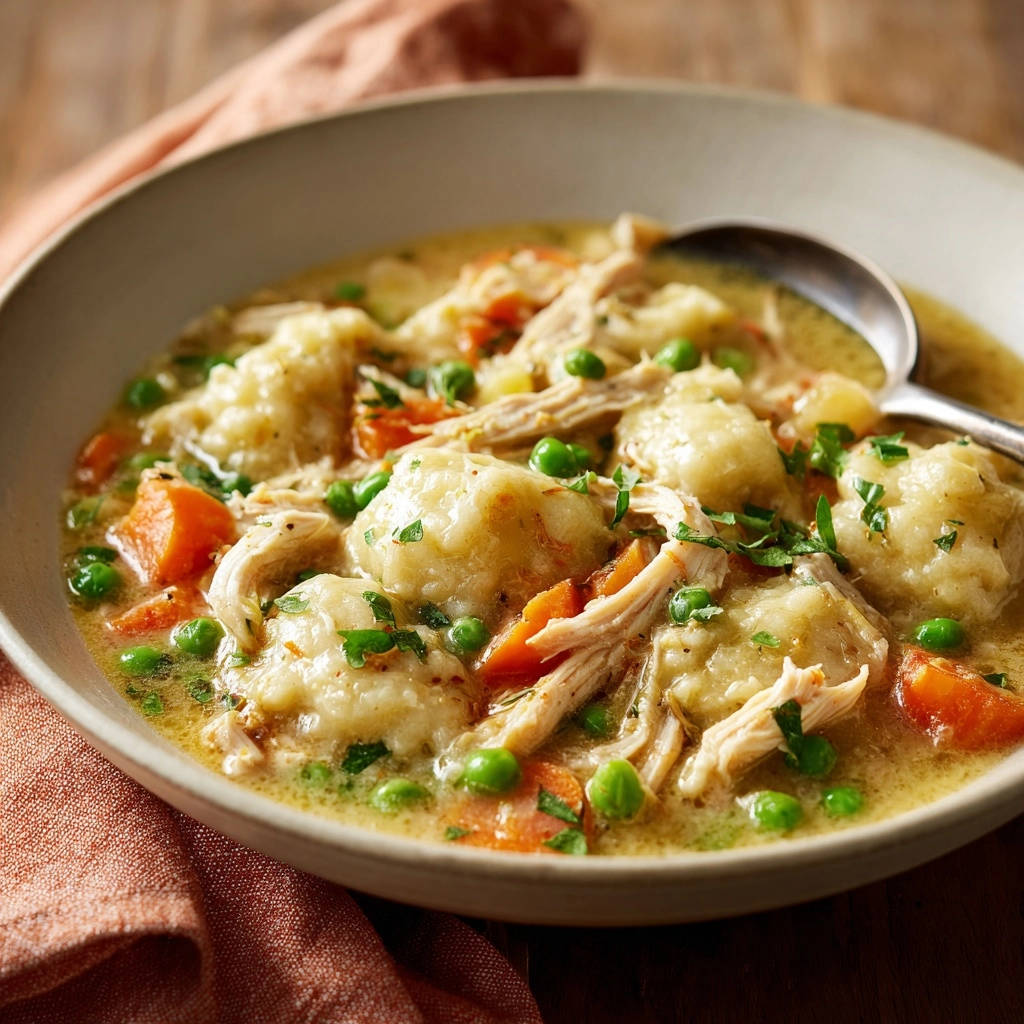 Classic Chicken & Dumplings in a bowl with a spoon, showing tender chicken, fluffy dumplings, peas, and carrots.