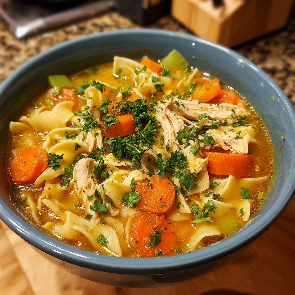 Classic Chicken Noodle Soup close-up, showing tender noodles, carrots, and shredded chicken garnished with fresh parsley.