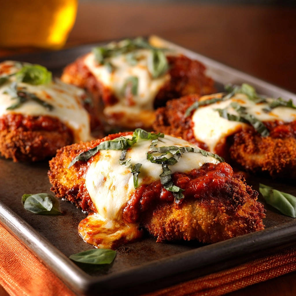 Crispy Baked Chicken Parmesan with gooey melted mozzarella and a rich tomato sauce, garnished with fresh basil.