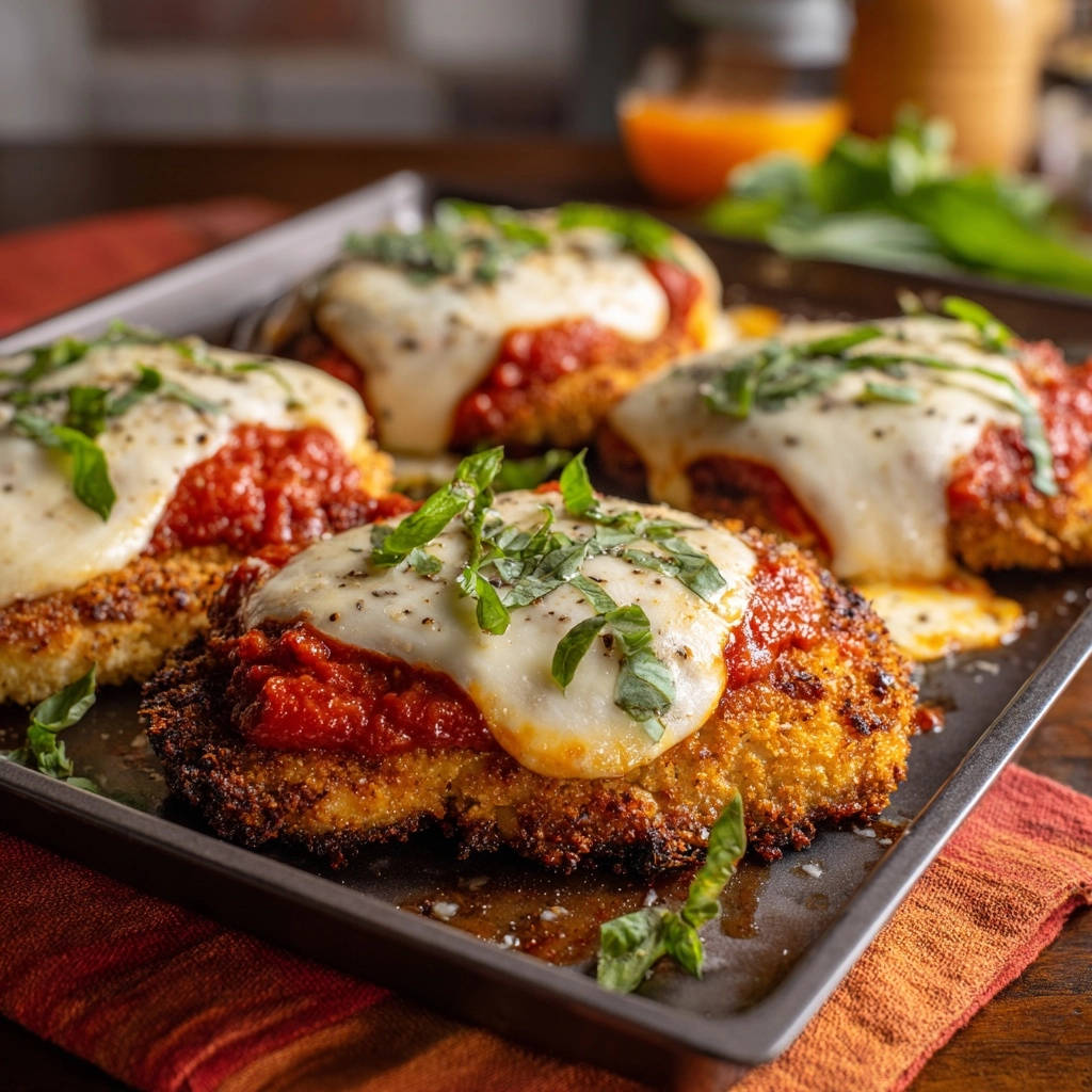 Crispy Baked Chicken Parmesan served on a baking tray, topped with melted mozzarella cheese and fresh basil.