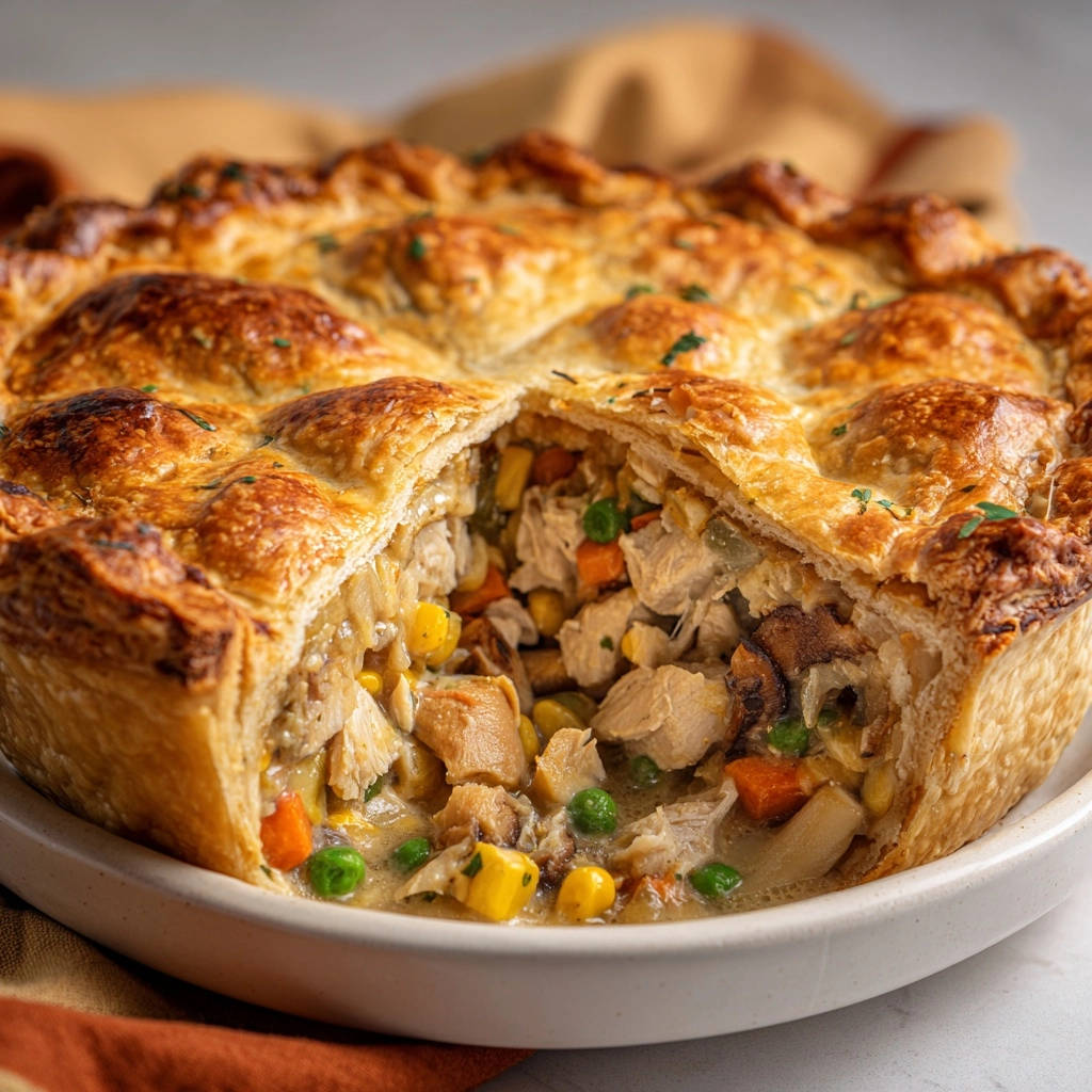 Classic creamy chicken pot pie with a golden crust, showing a generous cross-section of the chicken and vegetable filling.