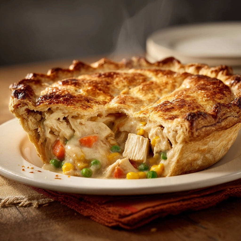 Classic creamy chicken pot pie with a golden crust, revealing a steaming cross-section filled with chicken and vegetables.