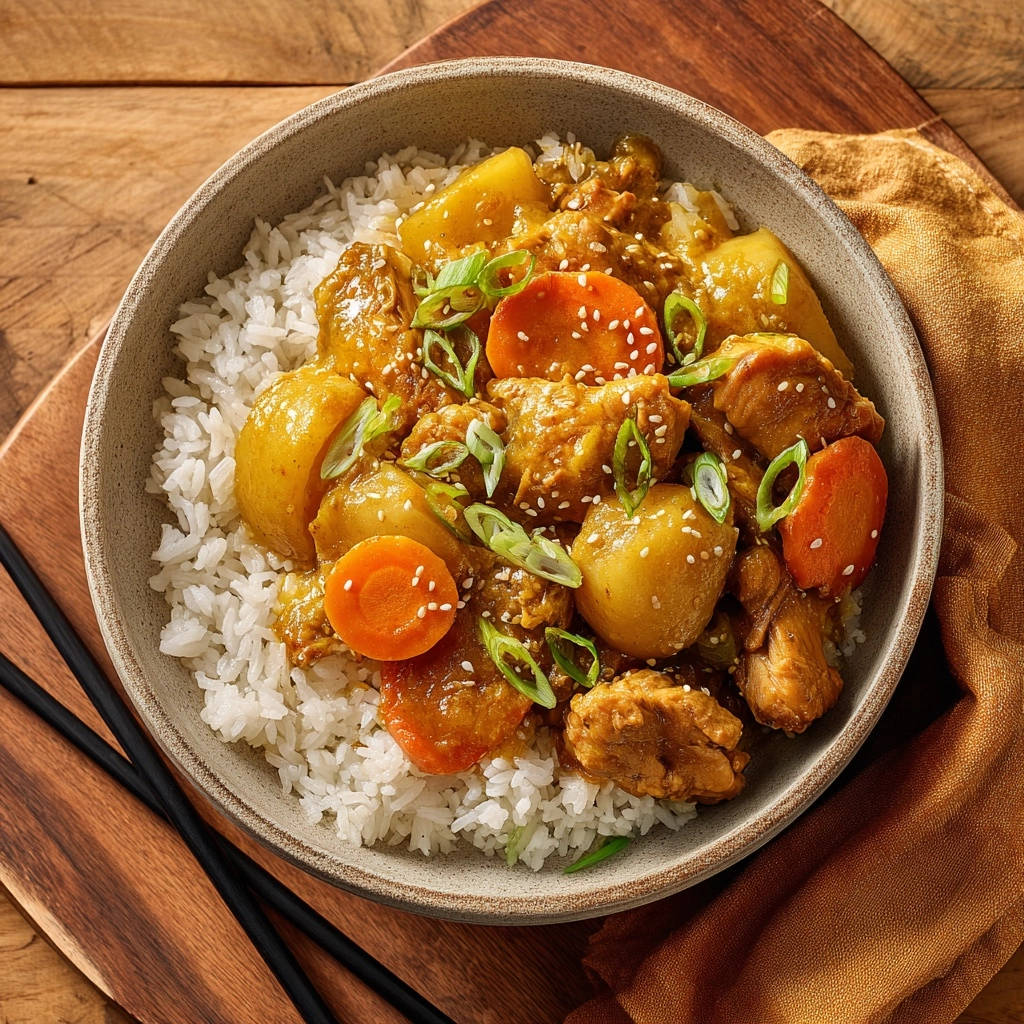 Comfort Chicken and Potato Curry served in a bowl with fluffy white rice, garnished with sesame seeds and green onions.